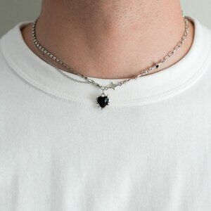 Black stone heart silver necklace y2k
